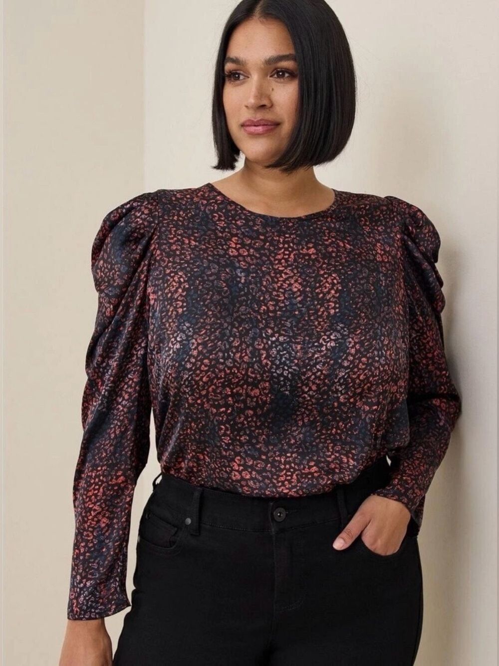 Womens Torrid Brown Leopard Satin Puff Long Sleeve Top Size 2X